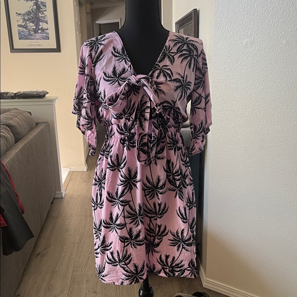 Pink and Black Palm Print Mini Dress